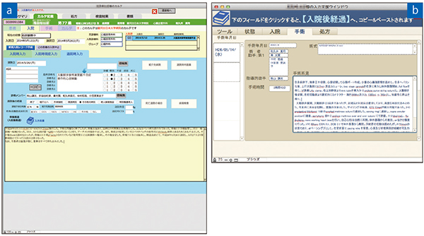 図1　カルテの退院時入力画面aの術後経過（入院後経過）では，入力支援のアイコンをクリックすることで，入力支援ウィンドウbが開き必要な情報をコピーして利用できる。