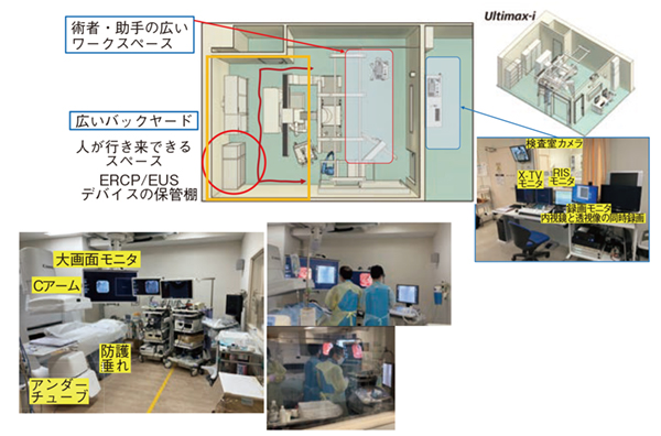 図1 帝京大学医学部附属病院X線TVシステム室のレイアウト コンパクト設計の「Ultimax-i」により、広いワークスペースが確保できている。 図1 帝京大学医学部附属病院X線TVシステム室のレイアウト コンパクト設計の「Ultimax-i」により、広いワークスペースが確保できている。