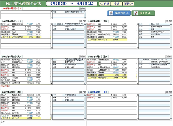 図4　臨床工学部業務予定表