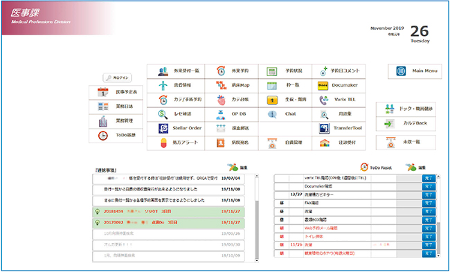 図1　院内の診療支援システムをFileMakerで構築 ポータル画面にログインしアイコンから各サブシステムを起動。連絡事項やToDoリストなどを共有できる。