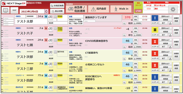 NEXT Stage ERの患者一覧画面（基本画面）。施設ごとの要望でレイアウトを柔軟に変更