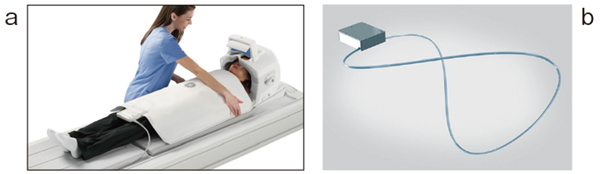 図2　AIRコイル a：48ch AIRヘッドコイルとAIR Anterior Array b：INCAワイヤとE-Modeモジュール