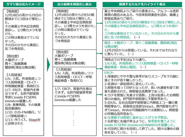 出力されたサマリの文案（左列）を要素ごとに分解して併記し（中央列），各要素に関連するカルテをハイライト表示する（右列）