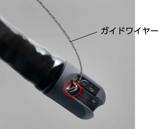 起立台(赤丸部分)を最大起立位置にして,ガイドワイヤーを押さえている様子。 起立台(赤丸部分)を最大起立位置にして,ガイドワイヤーを押さえている様子。