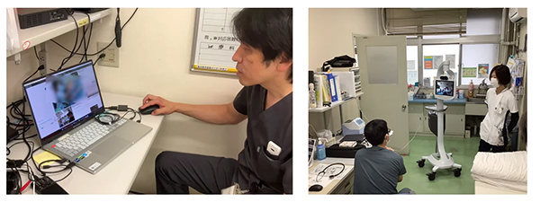 病病連携のシミュレーションを行った際の写真　（左）鳥取大学医学部附属病院高度救命救急センター，（右）安来市立病院の救急外来