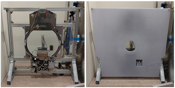 図 1：四肢用極超高解像度 X線 CT の内部構成と前面パネル装着時の外観。