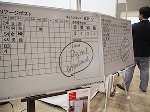 リコーは「Digital Whiteboard」を展示。通常のホワイトボードのように手書きした内容をネットワークで共有できることから，災害時のトリアージでの運用などを提案した。